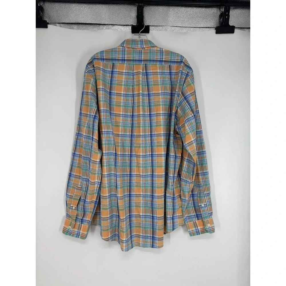 Polo Ralph Lauren Shirt Orange Blue Plaid Cotton Stretch Long Sleeve Button Down